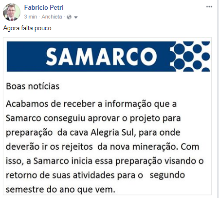 Samarco anuncia retorno das atividades para o segundo semestre de 2018