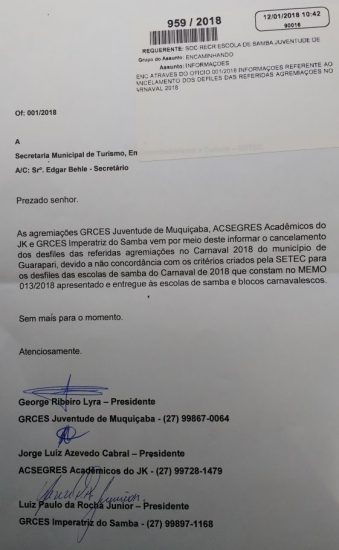 IMG 20180112 WA0018 - Três Escolas de Samba de Guarapari afirmam que não vão desfilar o Carnaval 2018