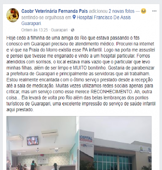 Estrutura e serviços do HFA recebem elogios pela Internet 1 Post HFA