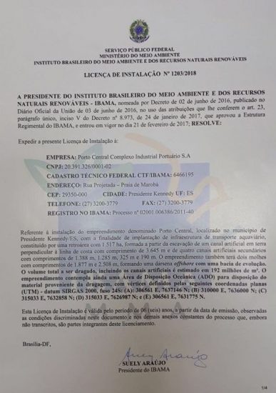 Porto Central em Presidente Kennedy recebe licença e pode gerar 4700 empregos 1 IMG 20180302 WA0007