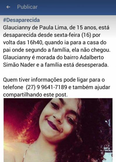 menina - Família pede ajuda para encontrar adolescente desaparecida em Guarapari
