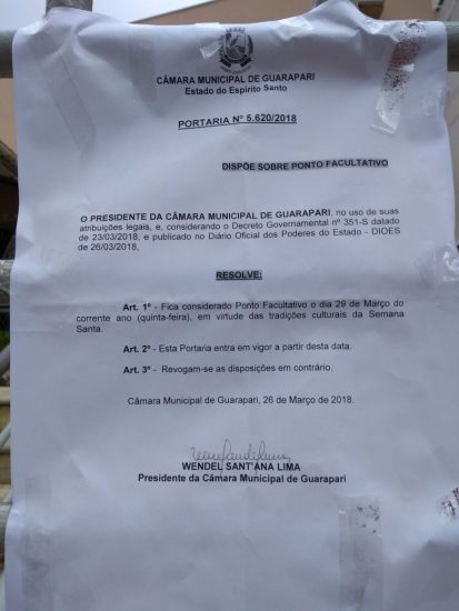 Câmara e Prefeitura de Guarapari decretam ponto facultativo nesta quinta (29) 3 pontofa