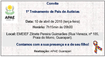 Apae Guarapari vai realizar o 1º Treinamento de Pais de Autistas 2 apaeautismo