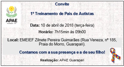 apaeautismo - Apae Guarapari vai realizar o 1º Treinamento de Pais de Autistas