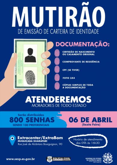 mutirão carteira de identidade - Oportunidade para a população emitir carteira de identidade em Guarapari