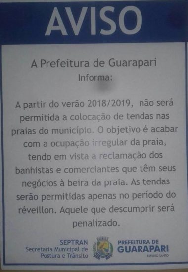Verão 2019 será sem tendas nas praias de Guarapari 1 tendas