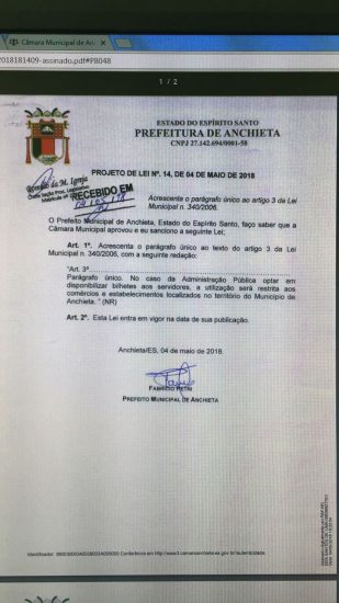 ProjetoAuxilioA - Projeto da Prefeitura de Anchieta restringe o uso dos tickets alimentação ao próprio município