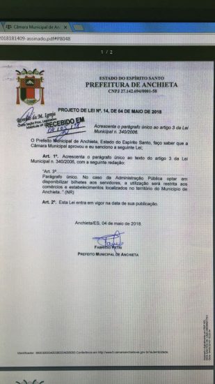 Projeto da Prefeitura de Anchieta restringe o uso dos tickets alimentação ao próprio município 1 ProjetoAuxilioA