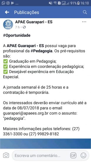 Apae Guarapari oferece vaga para pedagoga (o) 1 apaepedagogia
