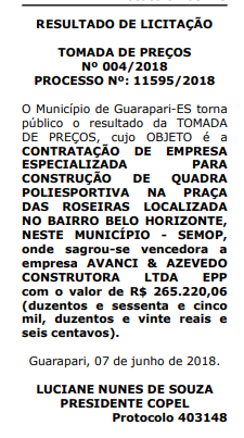 licitação quadra meaípe - Divulgada empresa vencedora para construção de quadra na região de Meaípe, em Guarapari