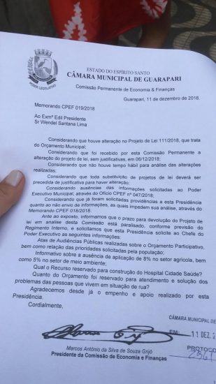 memorando - Câmara de Guarapari coloca novamente em pauta a votação do orçamento municipal de 2019