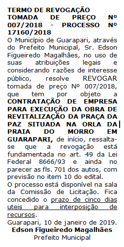 "Revogou por pressão" diz vereador sobre suspensão da revitalização da Praça da Paz em Guarapari 2 termo de revogação