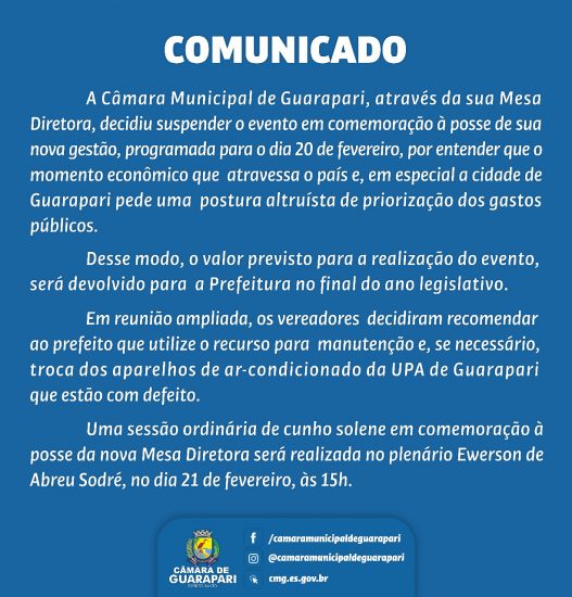 Evento de posse da Câmara é suspenso e dinheiro economizado será repassado para a prefeitura de Guarapari
