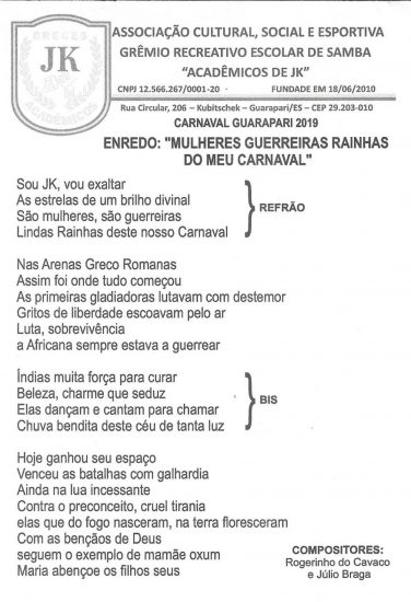 samba enredo - Valorização da mulher dita desfile da “Acadêmicos de JK” em Guarapari