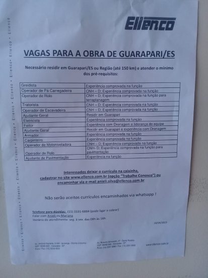 ellenco - Empresa responsável pela duplicação da BR 101 divulga vagas de emprego para Guarapari