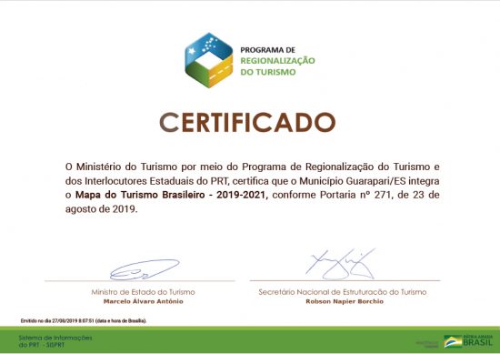 certificado - Guarapari se mantém na categoria B do Mapa do Turismo Brasileiro