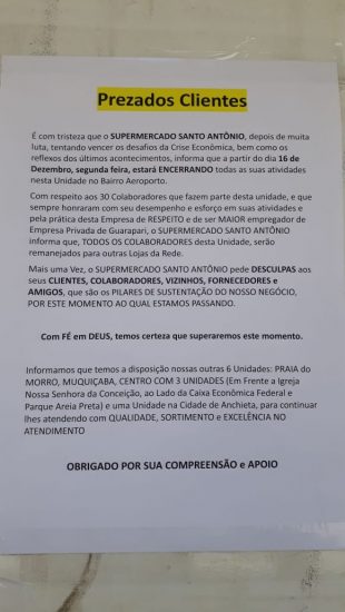 Comunicado - Santo Antônio fecha uma das lojas da rede em Guarapari