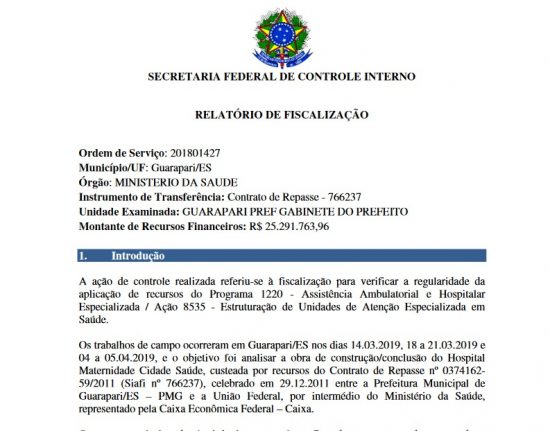 Relatório de Fiscalização identifica falhas para conclusão e funcionamento do hospital em Guarapari 2 relatório