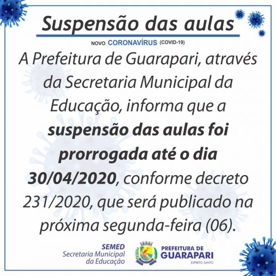 ad58e5aa 4822 45bc a9e6 3f30e099c068 - Coronavírus: Aulas continuarão suspensas até o dia 30 de abril em Guarapari