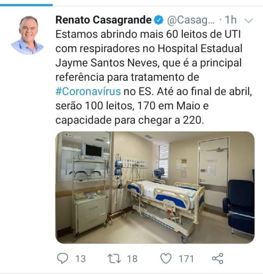 leitos - Casagrande anuncia abertura de 60 leitos no Hospital Estadual Dr. Jayme Santos Neves