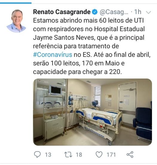 Casagrande anuncia abertura de 60 leitos no Hospital Estadual Dr. Jayme Santos Neves 2 leitos