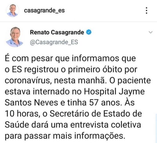 ES registra primeira morte por coronavírus 1 morte