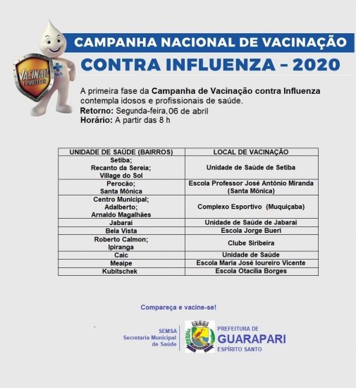 vacina gripe - Retorno da vacinação contra a gripe em Guarapari será na próxima segunda-feira (06)