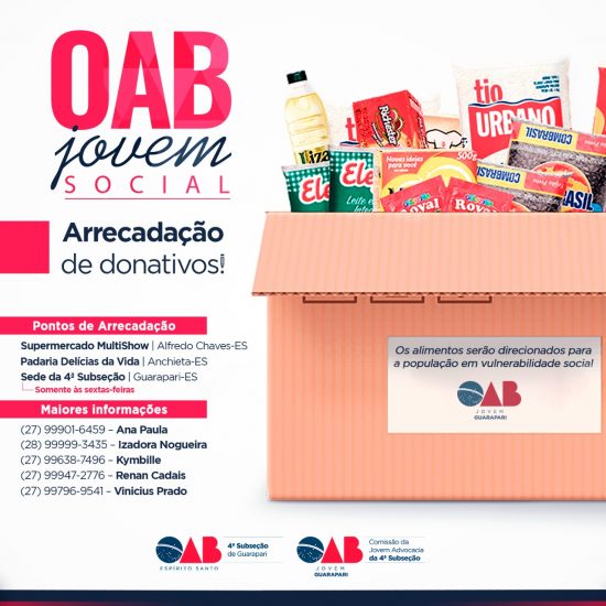 Projeto “OAB Jovem Social” arrecada alimentos para famílias carentes de Guarapari, Anchieta e Alfredo Chaves
