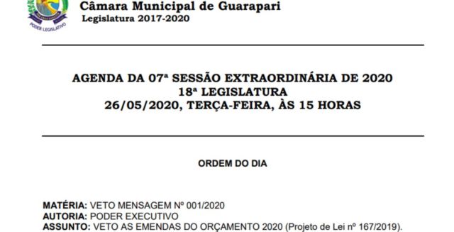 agenda 7 sessao - Guarapari: Presidente da Câmara agenda votação de orçamento pela terceira vez em 2020