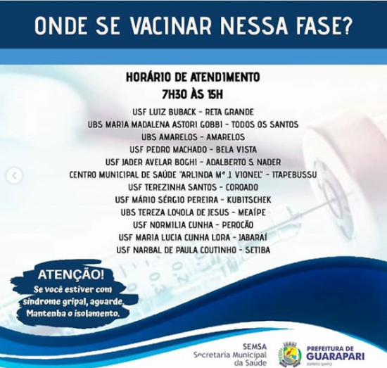 Guarapari divulga horário e locais para 3ª fase de vacinação contra gripe que começa amanhã (11) 2 vacinação 3 fase