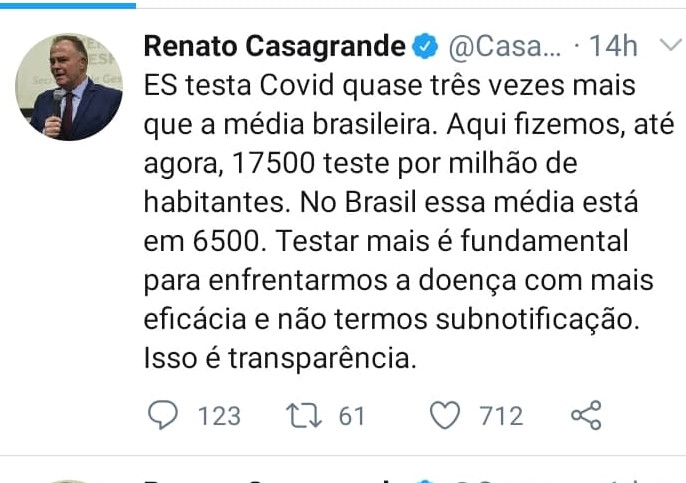 TestesCasagrande - “ES faz quase três vezes mais testes para a Covid-19 que a média do país”, disse Casagrande