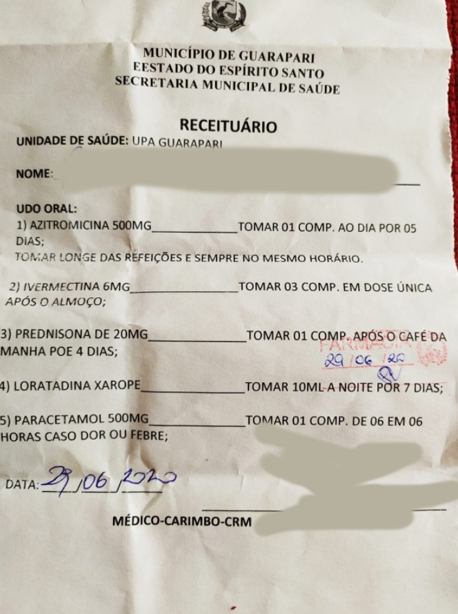 WhatsApp Image 2020 06 30 at 14.22.02 - Com sinusite, homem procura UPA de Guarapari e recebe receita para suspeitos de Covid-19