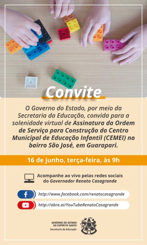 convite - Governo assinará amanhã (16) ordem de serviço da creche de São José em Guarapari