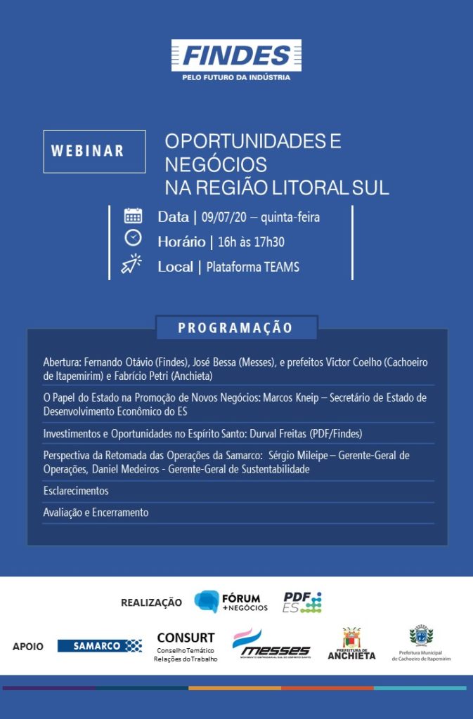 Findes promove webconferência sobre oportunidades e negócios no litoral sul do ES