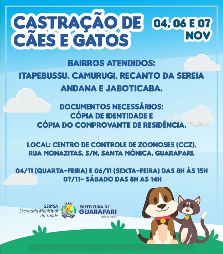 castracao - Prefeitura de Guarapari promove castração gratuita de cães e gatos