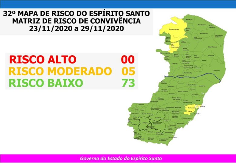 32o MAPA DE RISCO - Mapa Covid-19 ES: Mais três cidades em Risco Moderado; Guarapari continua como "Baixo"