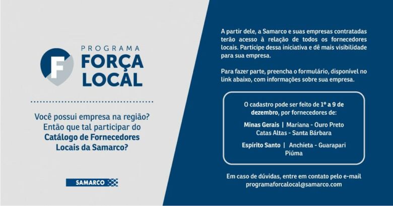 Forca Local cadastro catalogo de fornecedores - Samarco realiza cadastro de empresas fornecedoras de Guarapari, Anchieta e Piúma