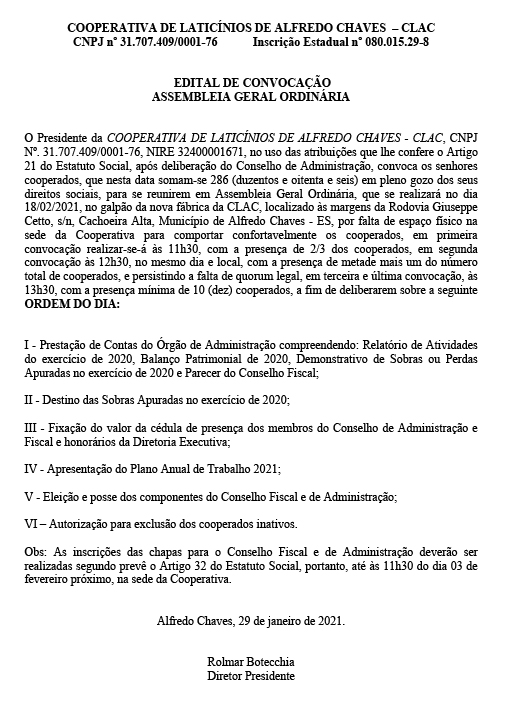 CLAC – Edital de Convocação Assembleia Geral Ordinária