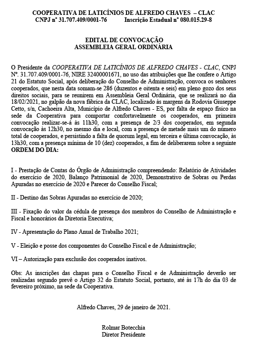 CLAC – Edital de Convocação Assembleia Geral Ordinária
