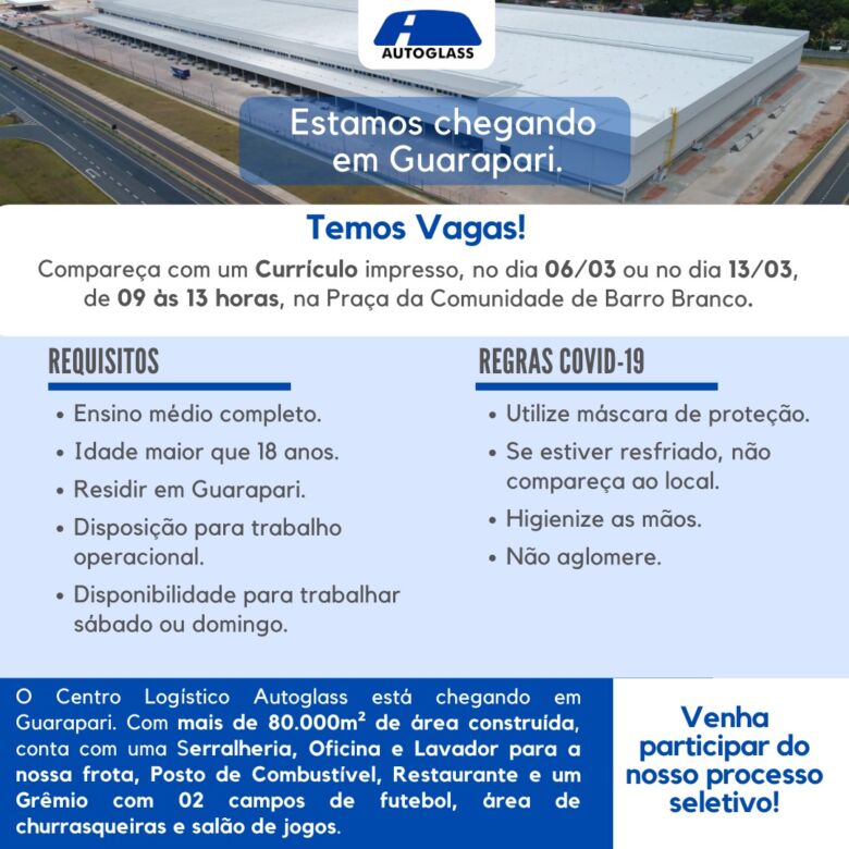 autoglass - Autoglass anuncia vagas de emprego em Guarapari