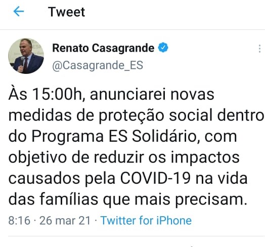 Casagrande anuncia medidas de proteção social; 70 mil famílias devem ser beneficiadas