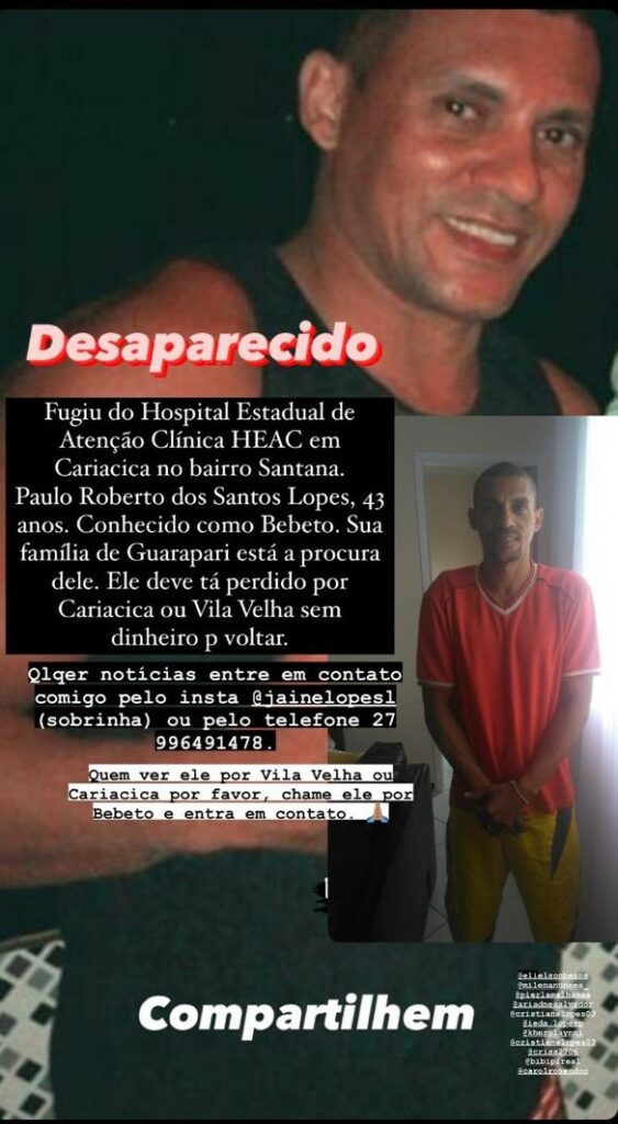 desaparecido Gri 1 - Família de Guarapari procura parente com problemas mentais que fugiu do hospital