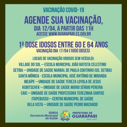agendamento vacina 2021 04 12 - Agendamento para vacinar idosos de 60 a 64 anos contra Covid-19 abre segunda-feira (12) em Guarapari