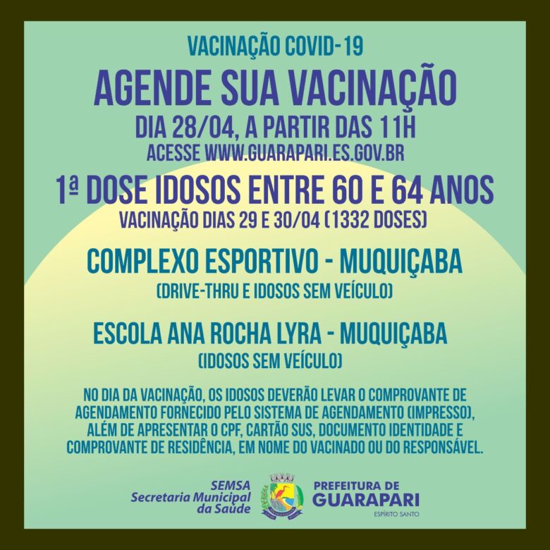vacinacao 6064 - Guarapari abre novo agendamento para vacinar idosos de 60 a 64 anos contra Covid-19