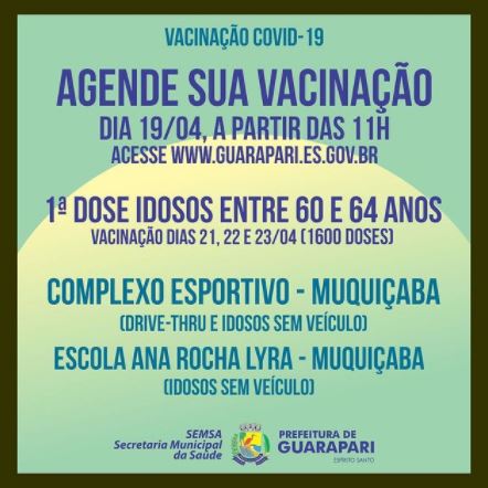 vacinacao agendamento 2021 04 17 - Agendamento para vacinar idosos de 60 a 64 anos contra Covid abre segunda (19) em Guarapari