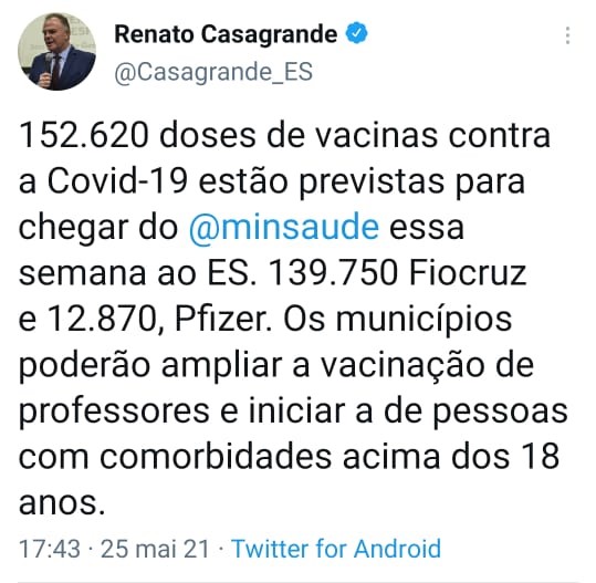 mais vacinas casagrande - Casagrande anuncia chegada no ES de mais de 150 mil doses de vacinas contra a Covid-19