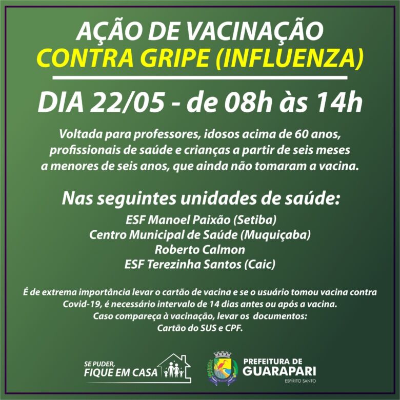 Amanhã (22) acontece ação de vacinação contra gripe em unidades de saúde de Guarapari