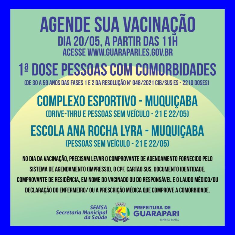 Guarapari abre amanhã (20) agendamento para vacinar pessoas com comorbidades de 30 a 59 anos contra Covid-19