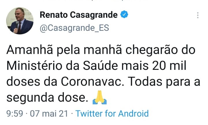 Casagrande anuncia a chegada de 20 mil novas doses da Coronavac no ES