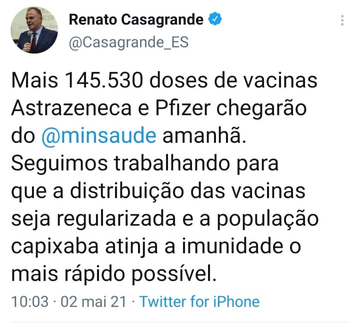 vacinas Casagrande - Espírito Santo recebe mais de 140 mil vacinas contra a Covid-19 nesta segunda-feira (03)